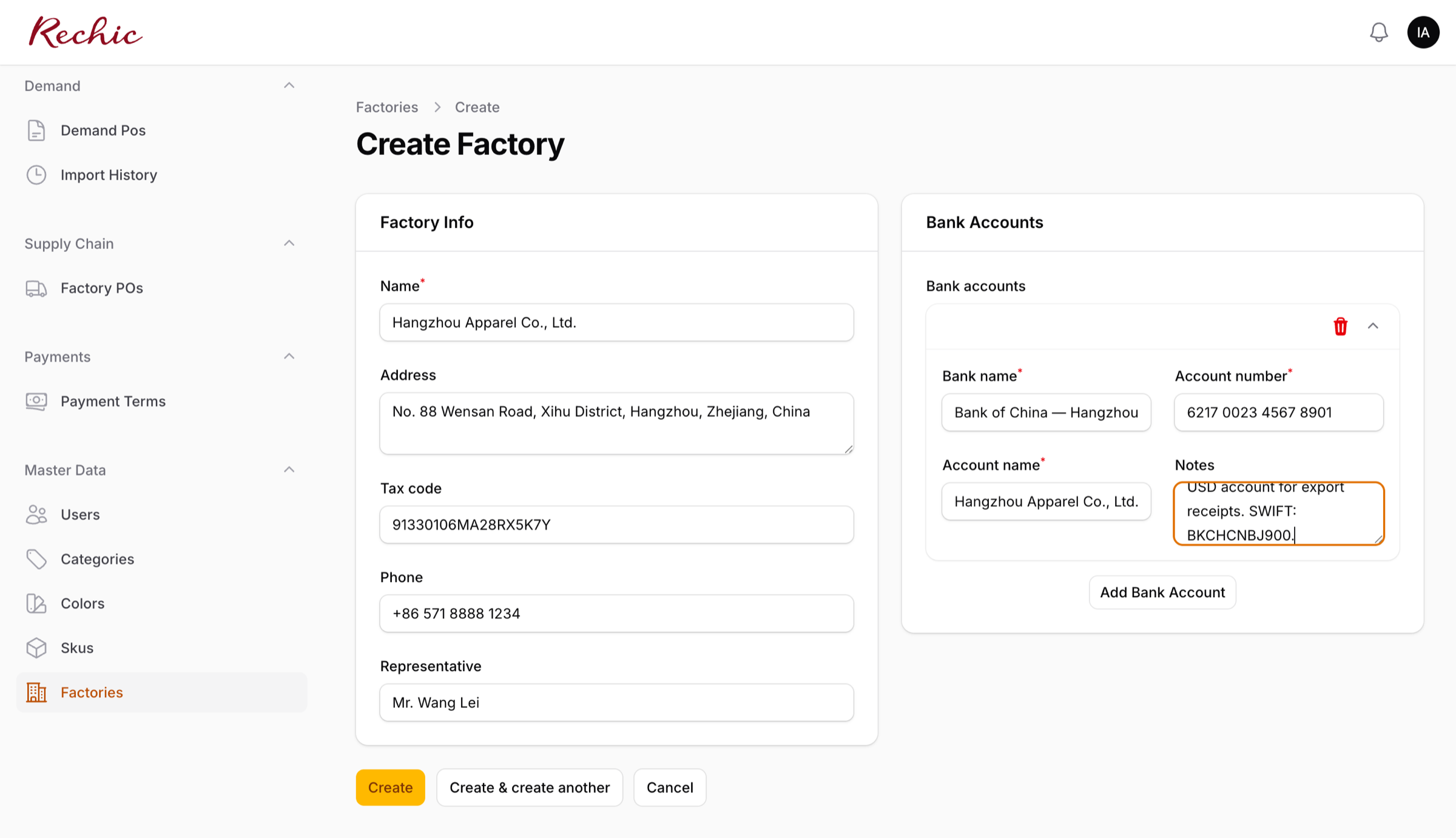 Form tạo Factory với Bank Account đã mở rộng