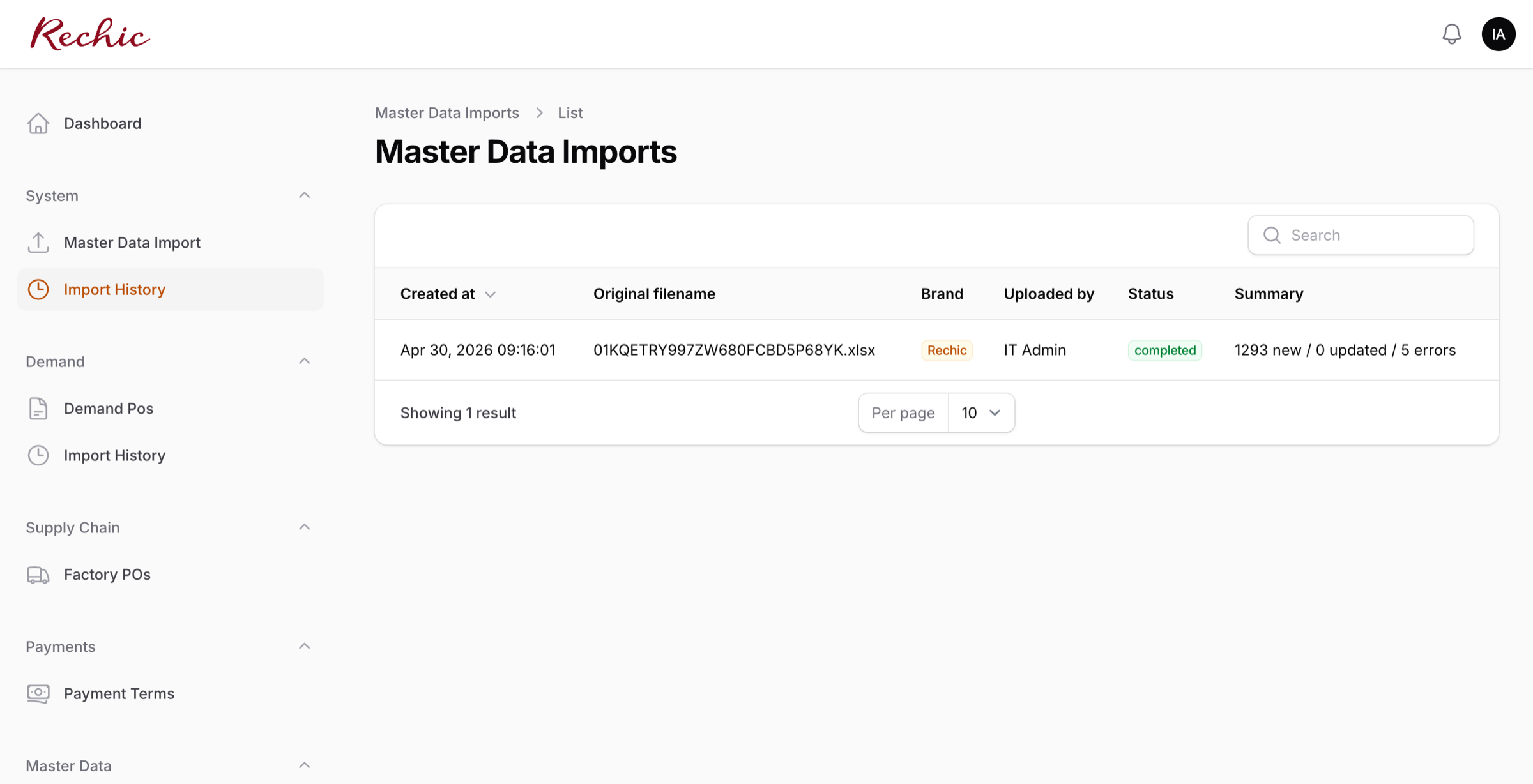 Master Data Import History
