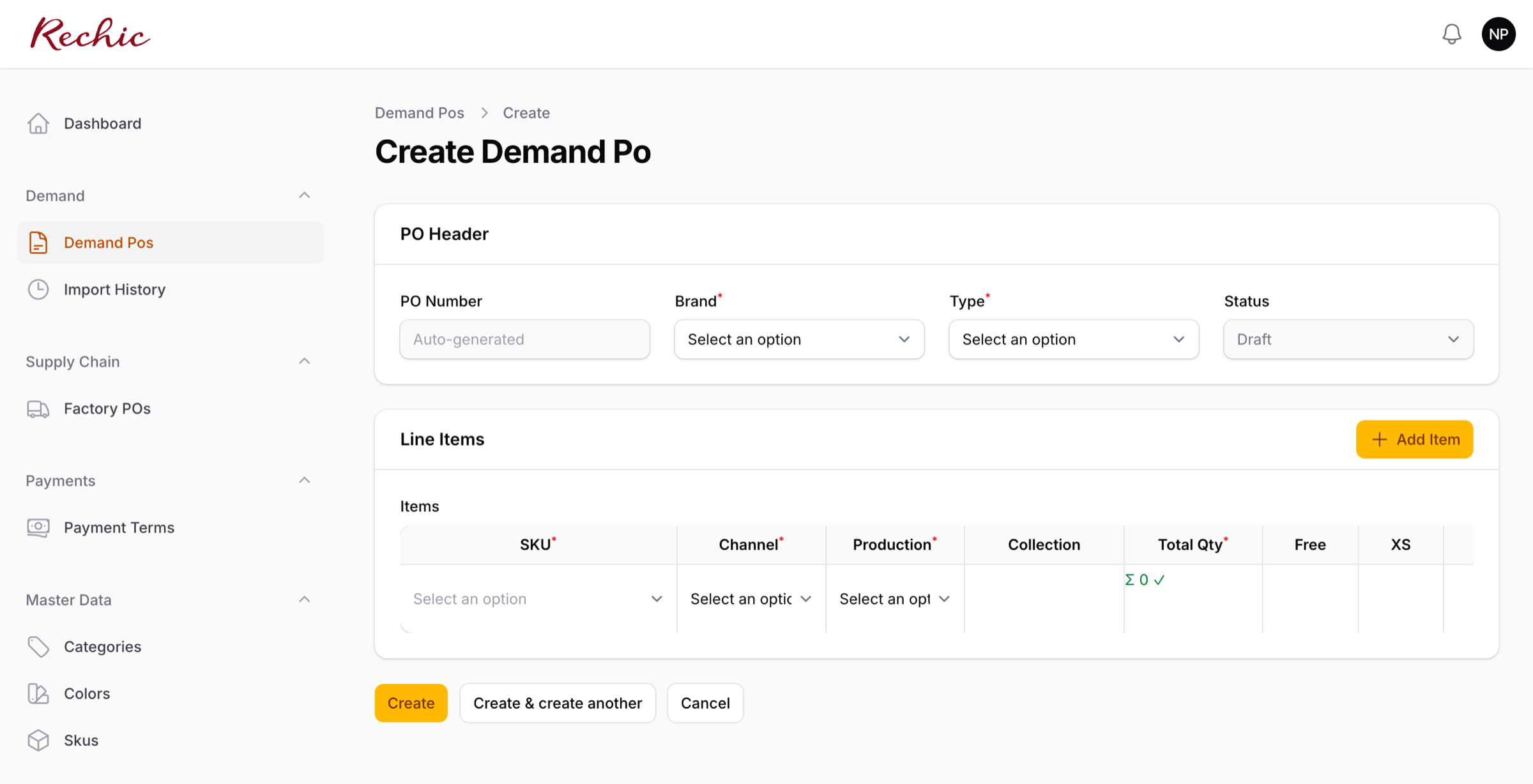 Form tạo Demand PO — section PO Header