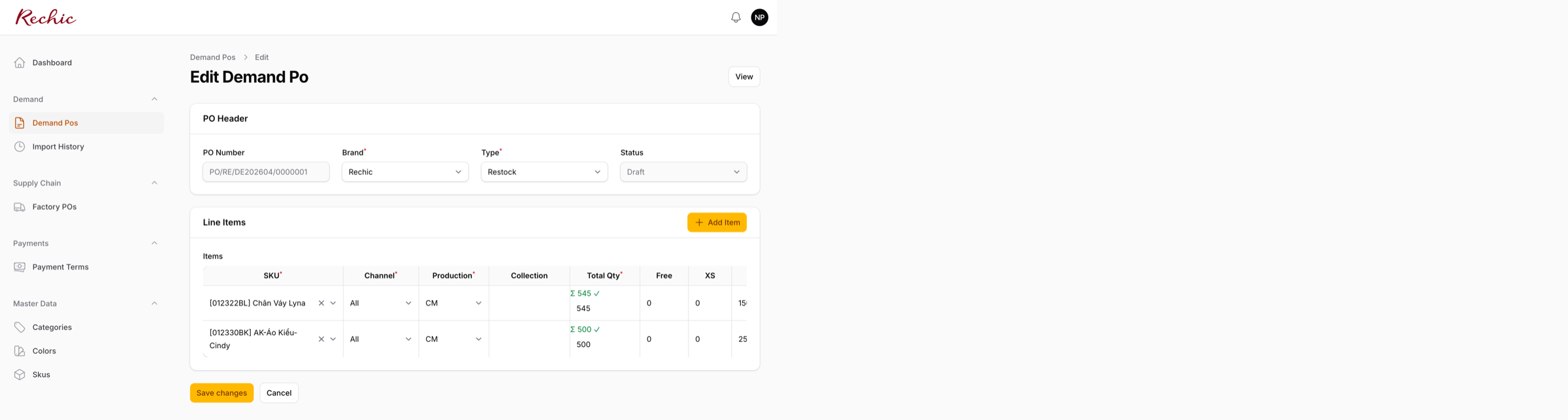 Form Edit Demand PO với 2 SKU items thực tế