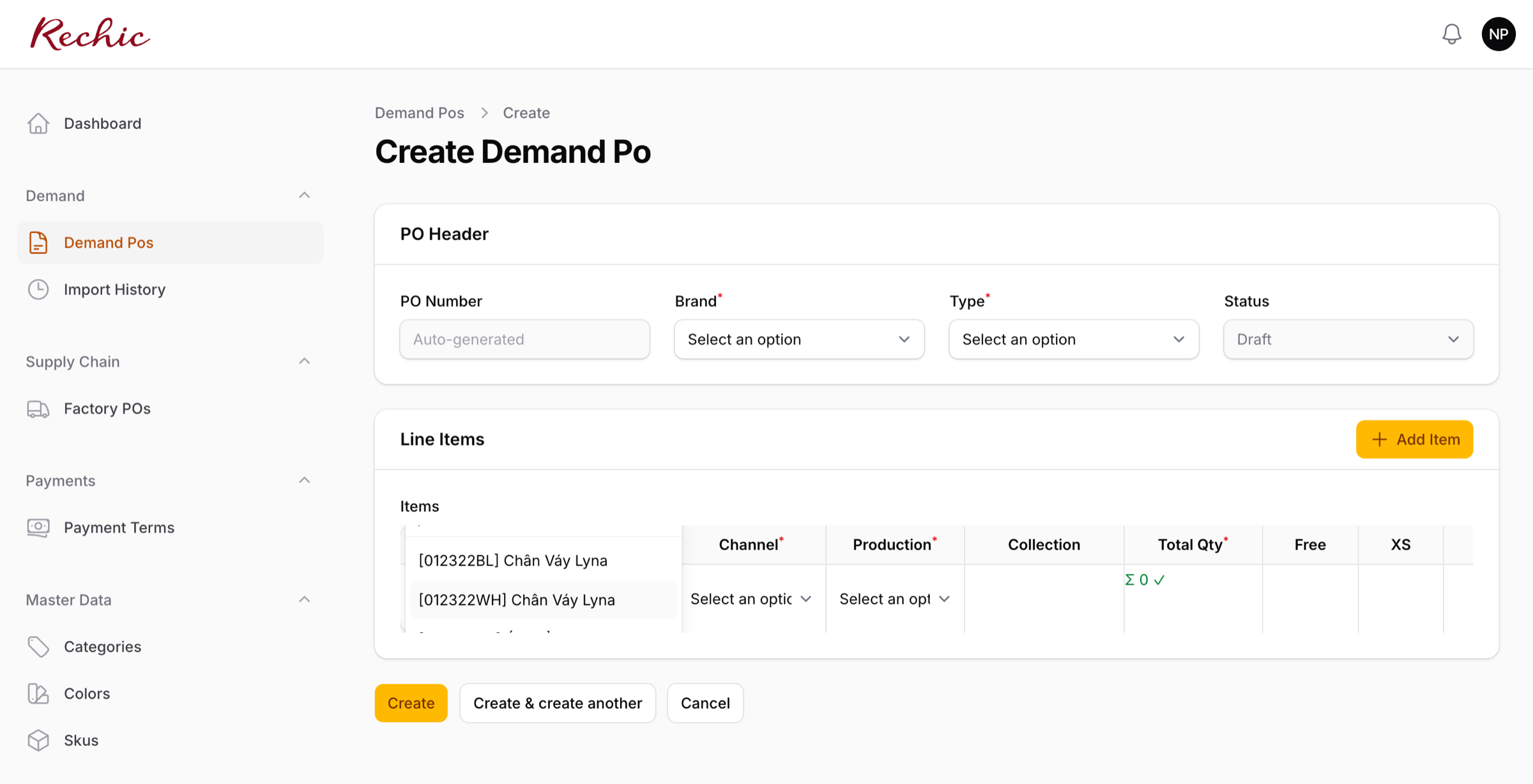 Dropdown SKU mở, có ô search