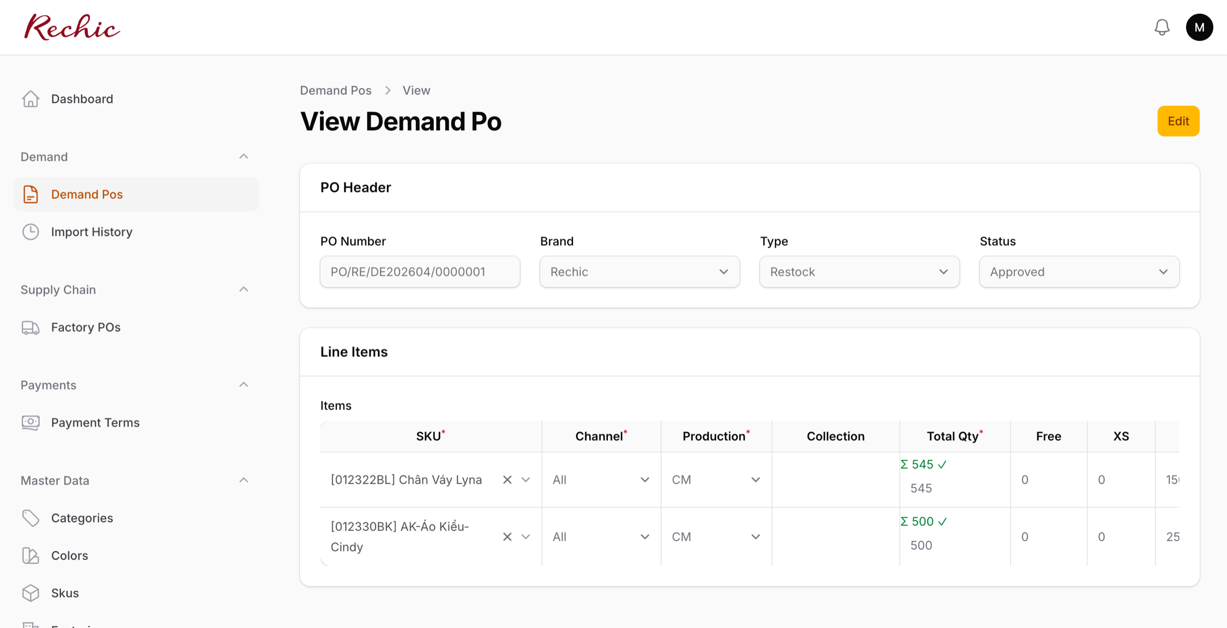 Demand PO sau khi duyệt — status Approved