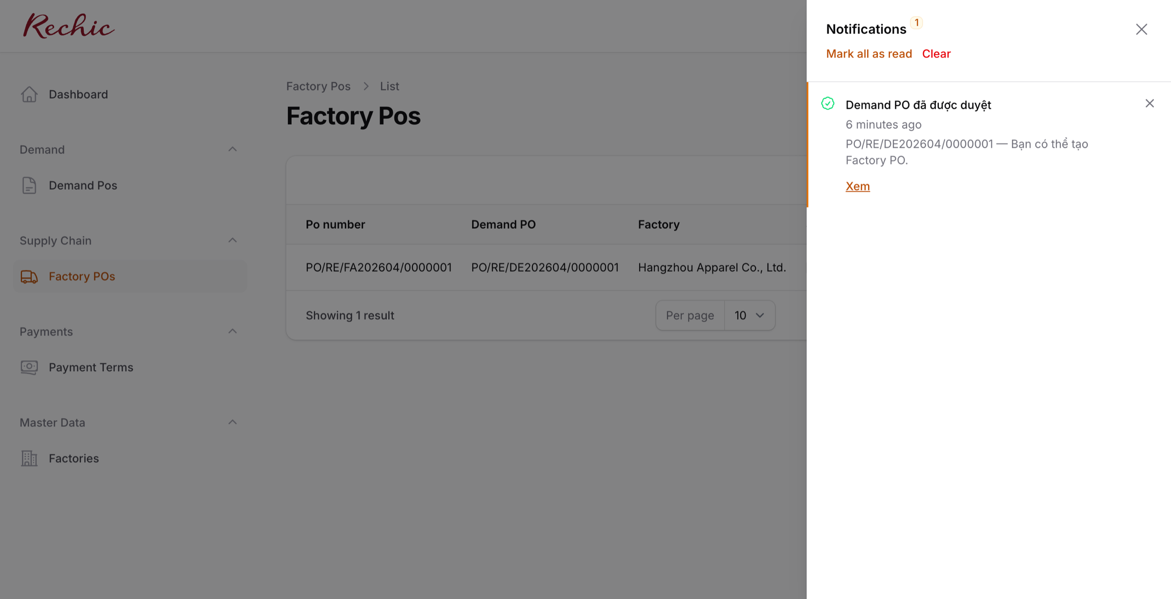 Notification panel của Supply Manager với thông báo Demand PO duyệt