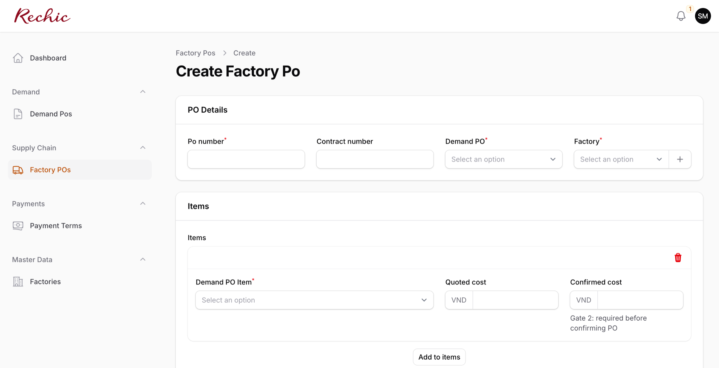 Form tạo Factory PO — section PO Details