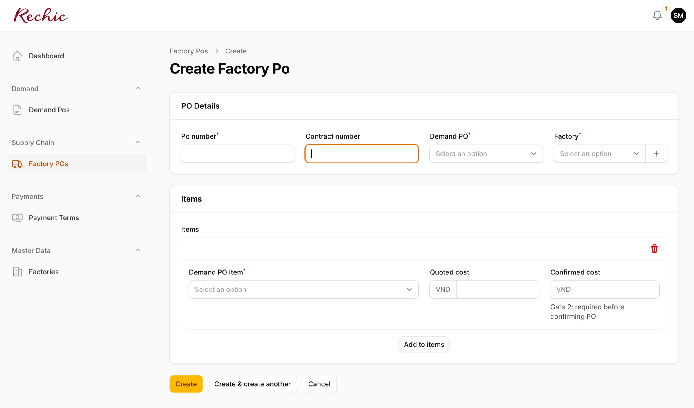 Form tạo Factory PO — full với Items section